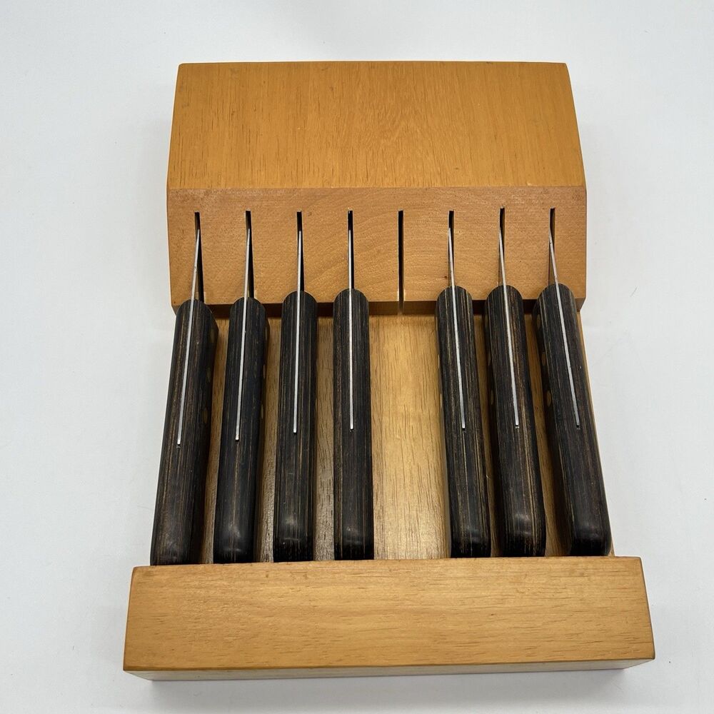Set (7) TRAMONTINA Porterhouse SERRATED STEAK KNIVES w/ WOODEN WALL  Hang/Drawer